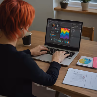 Mulher ruiva trabalhando em design gráfico no laptop