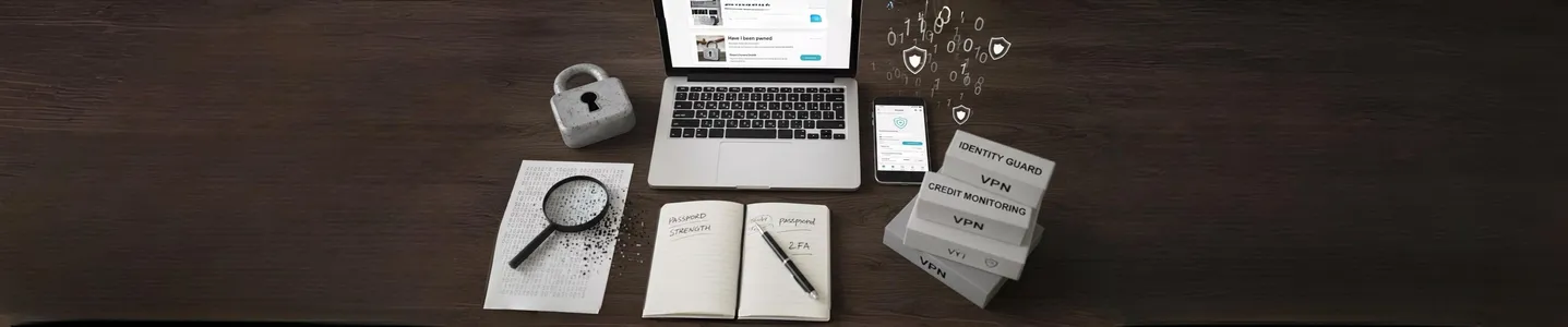 Mesa com laptop, caderno e ícones digitais de segurança online