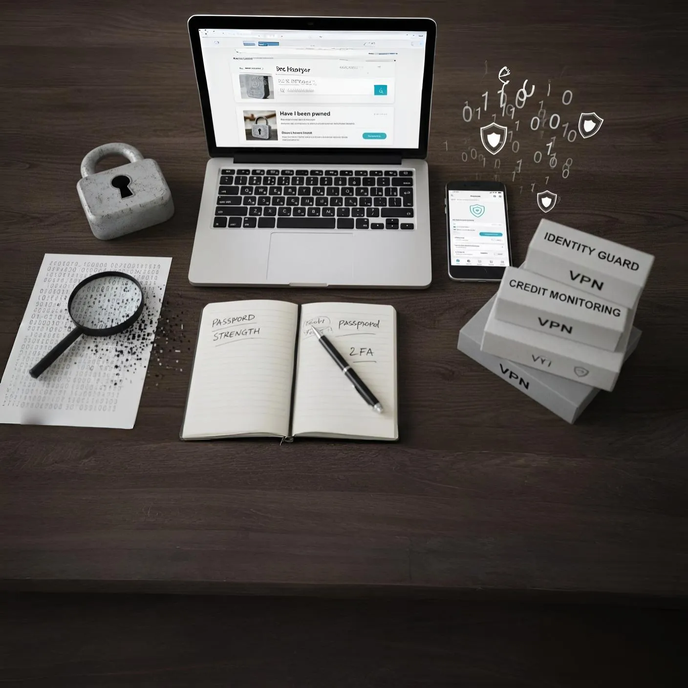 Notebook com lupa, anotações e camadas de proteção digital