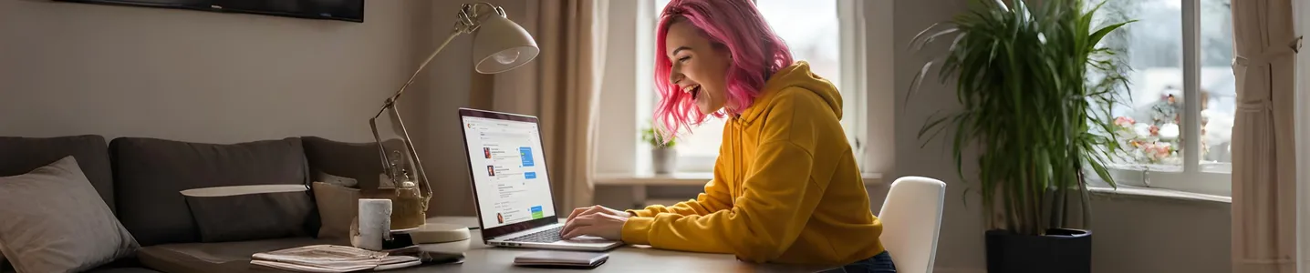 Mulher animada usando notebook em ambiente aconchegante