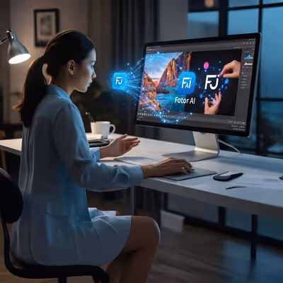 Profissional editando imagens com Fotor AI no desktop