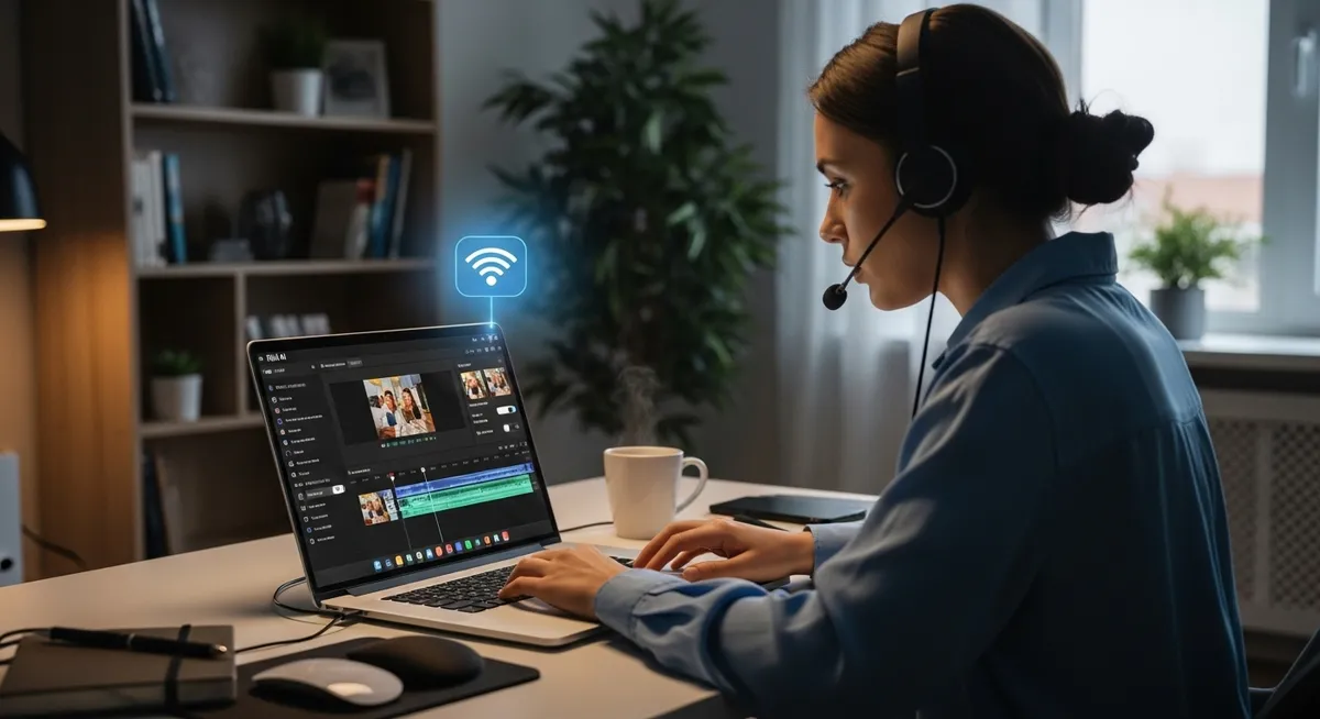 Mulher editando vídeos no notebook com Fliki AI