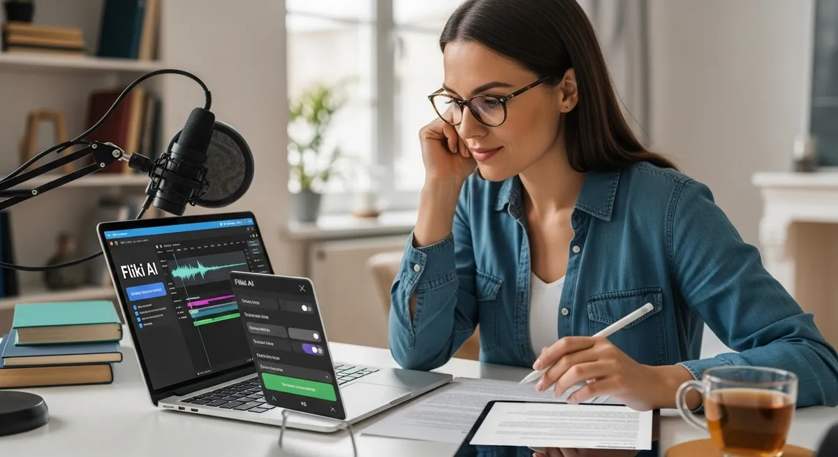 Criadora de conteúdo usando Fliki AI para edição de áudio