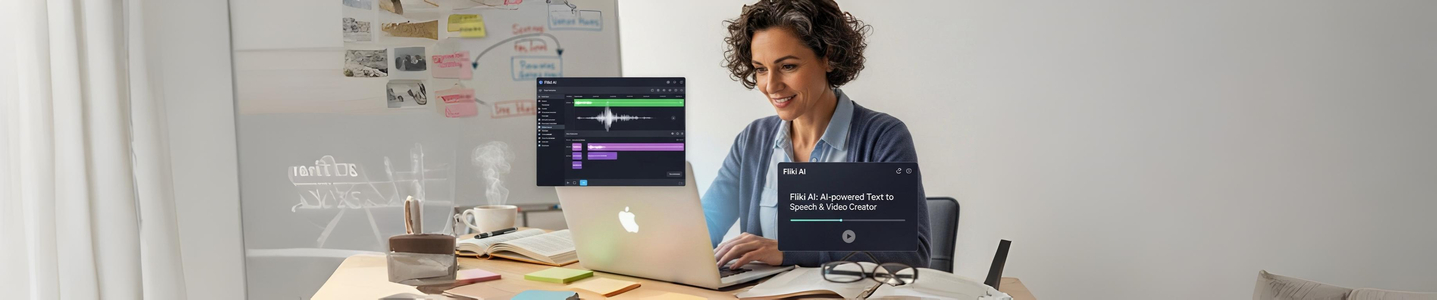 Mulher sorridente usa Fliki AI em MacBook para criar vídeos