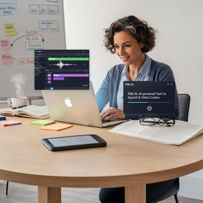 Profissional editando áudio e vídeo no Fliki AI com notebook