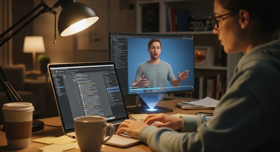 Mulher programando enquanto assiste avatar digital em vídeo