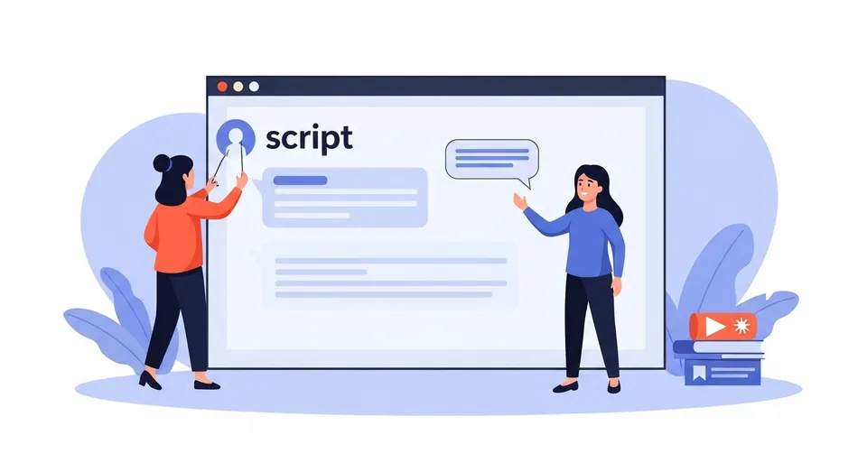 Ilustração de duas pessoas criando e editando script online