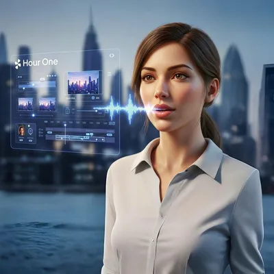 Imagem wide de mulher usando interface holográfica de IA