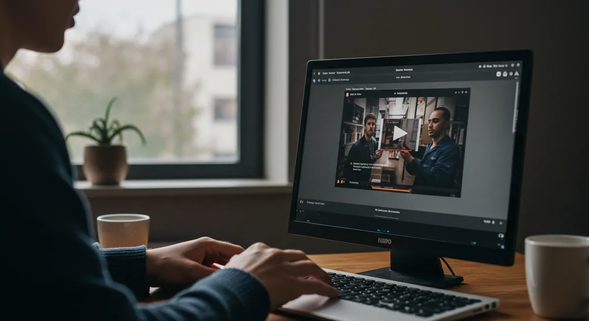 Pessoa assistindo e editando vídeo profissional no computador