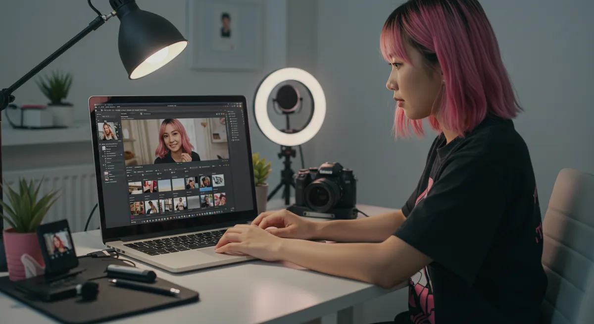 Criadora de conteúdo editando vídeos no notebook com luz de ring light