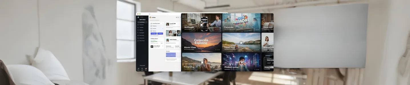 Interface do InVideo exibindo modelos de vídeos corporativos