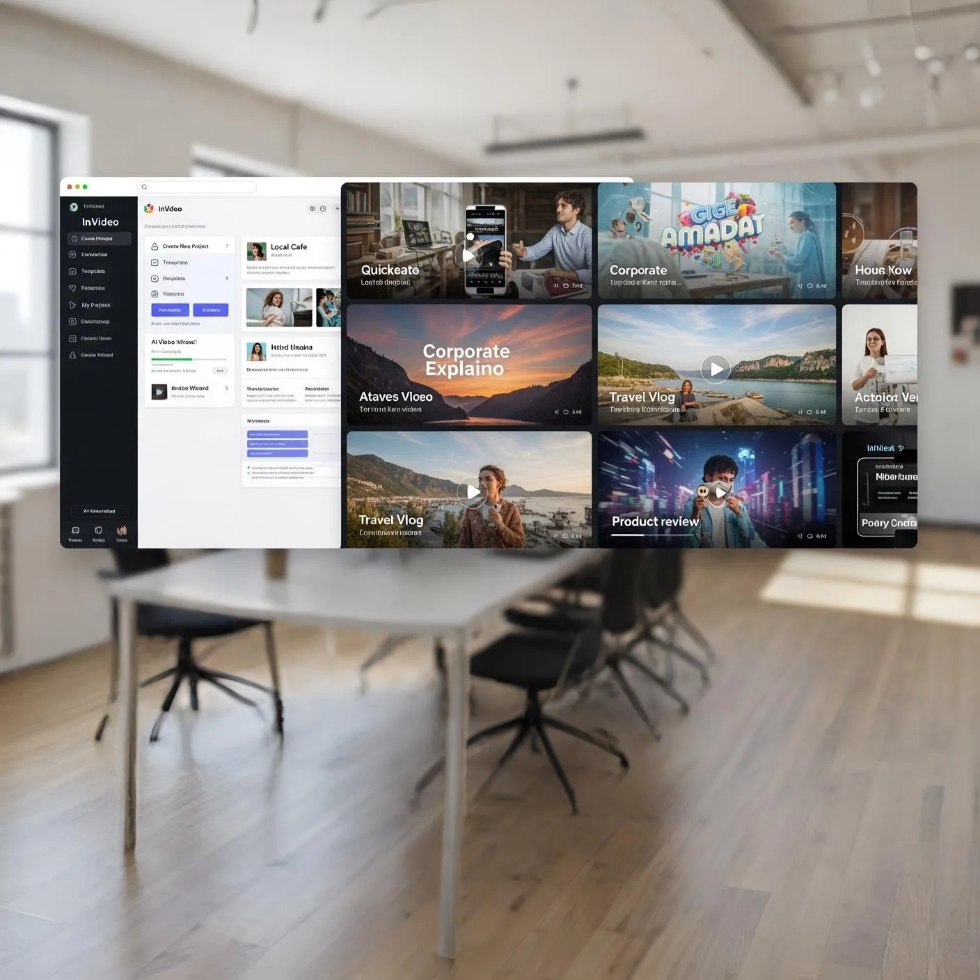 Painel do InVideo com opções de vídeos e templates abertos