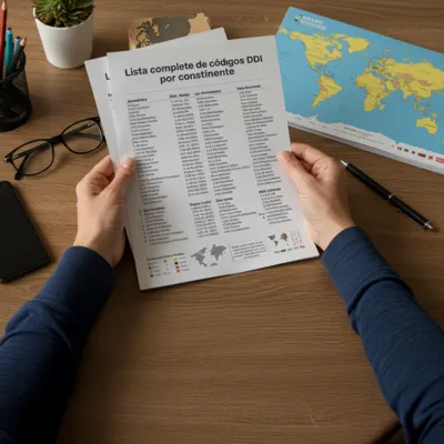 Pessoa adulta segurando lista de códigos DDI por continente sobre mesa de madeira.