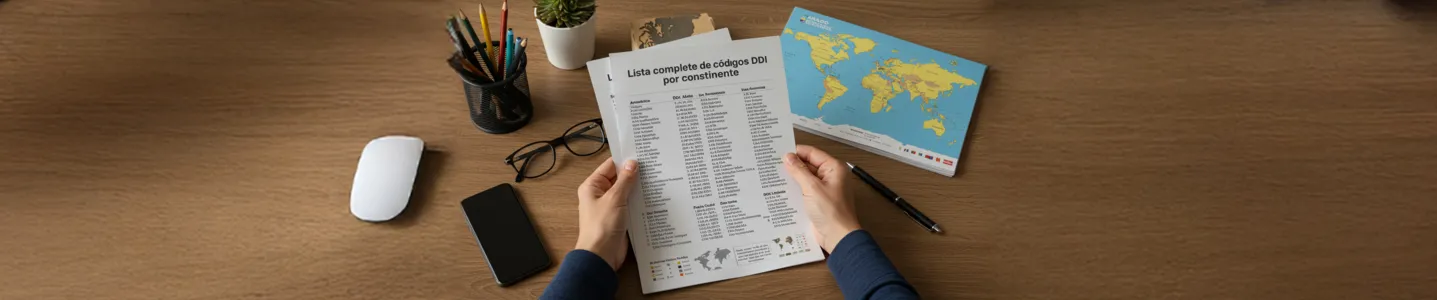 Pessoa adulta segurando lista de códigos DDI com mesa completa e mapa ao lado.