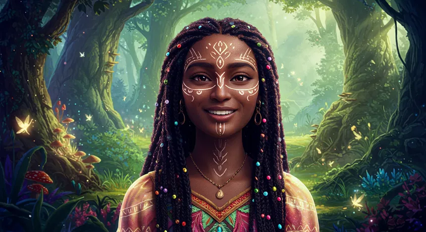 Arte digital de mulher sorridente em floresta encantada