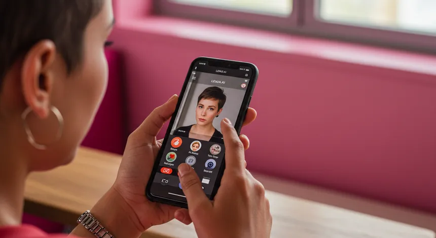 Pessoa usando aplicativo de edição de retratos com IA no celular