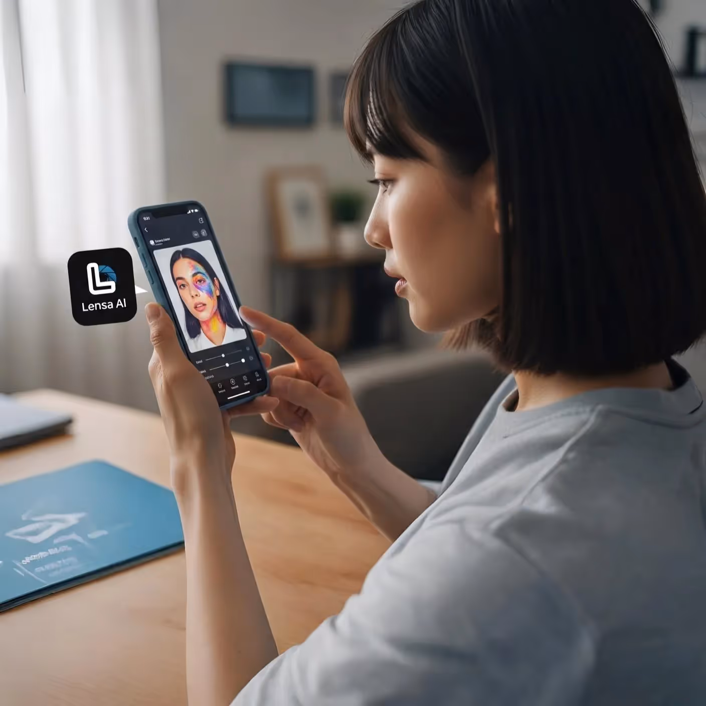 Usuária aplicando filtro colorido em retrato com Lensa AI