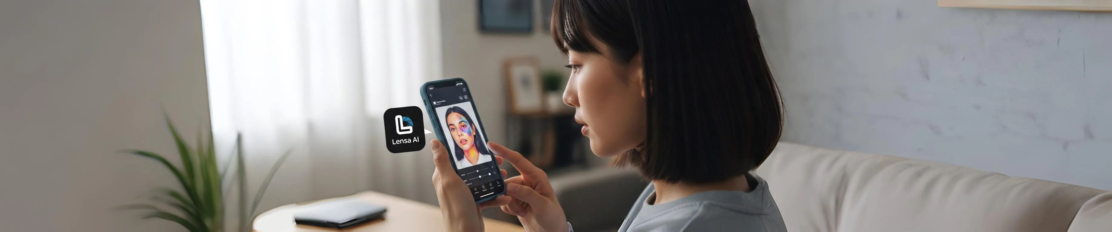 Mulher editando foto artística no aplicativo Lensa AI