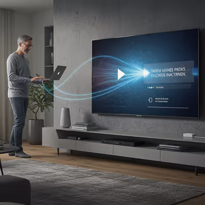 Homem utilizando laptop para espelhar conteúdo na TV