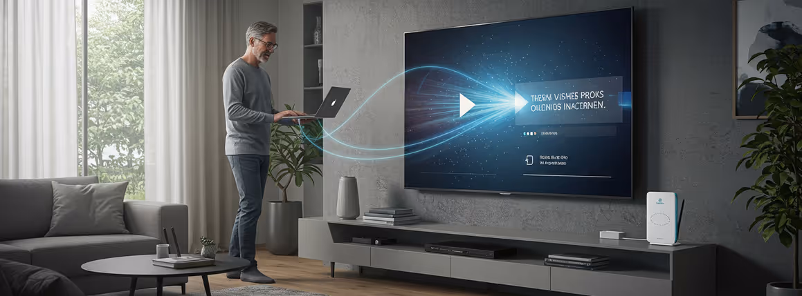 Homem conectando laptop à TV via espelhamento de tela