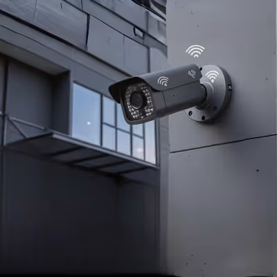 Câmera de segurança Wi-Fi instalada em fachada de prédio