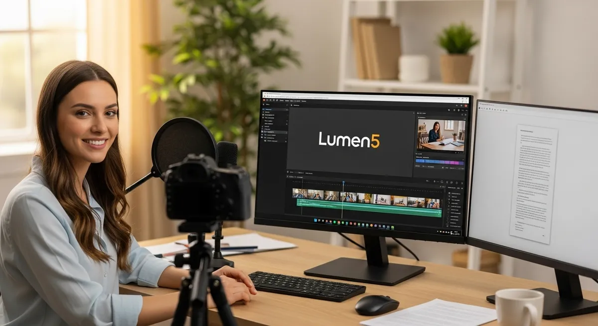 Mulher gravando conteúdo e editando vídeo no Lumen5