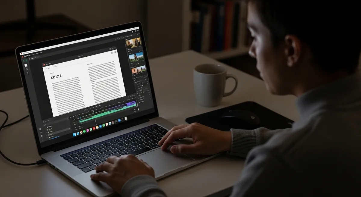 Homem usando Lumen5 para converter texto em vídeo