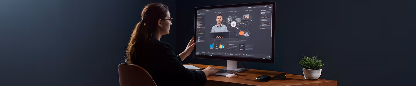 Mulher trabalhando em frente a monitor com videoconferência
