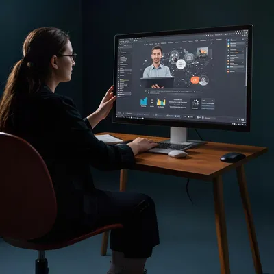 Profissional usando computador com reunião virtual na tela