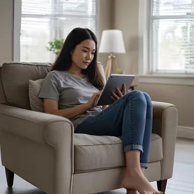 Mulher com tablet sentada no sofá em sala iluminada
