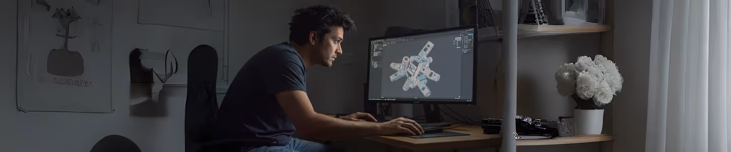 Homem modelando objeto 3D em monitor de escritório escuro