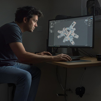 Designer 3D concentrado modelando peça no computador