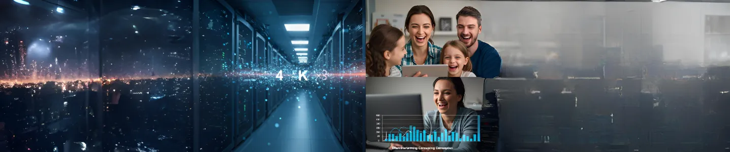 Data center com famílias e videoconferência em destaque