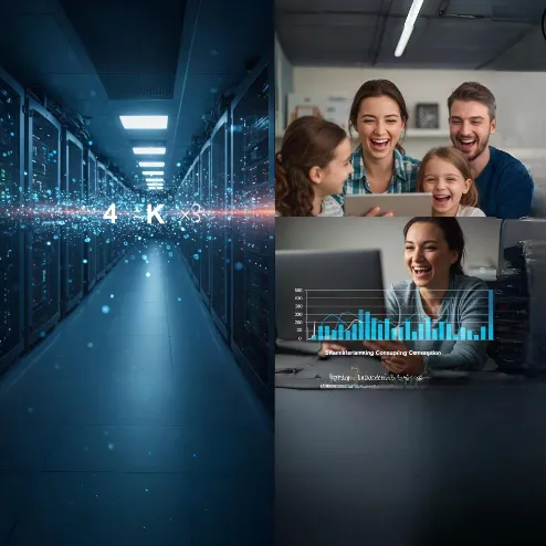 Servidores de dados e pessoas em reunião virtual