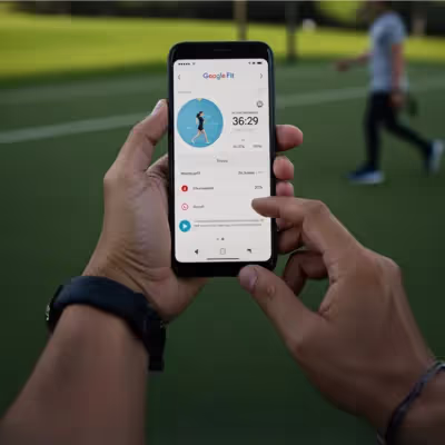 Mão interagindo com o app Google Fit no celular, exibindo tempo de exercício e passos, com um parque ao fundo.