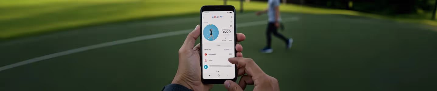 Pessoa segurando um smartphone com o aplicativo Google Fit aberto, mostrando métricas de atividade física ao ar livre.