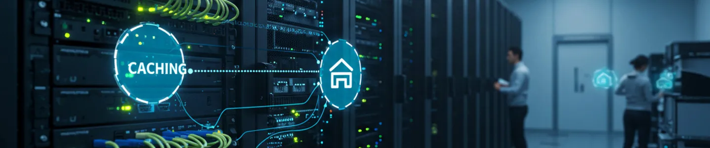 Data center com servidores em funcionamento, cabos conectados e interface gráfica ilustrando o conceito de armazenamento em cache.