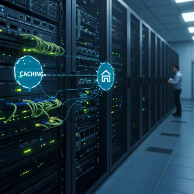 Profissionais de TI em um data center com servidores, destacando a otimização do cache para acelerar o carregamento de dados.