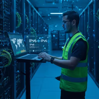 Engenheiro de rede em data center monitorando conexões e configurando IPv6 em servidores.