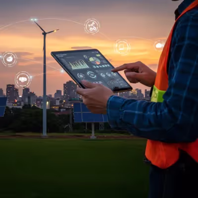 Gestão de energia inteligente com internet: técnico analisa dados de eficiência em tablet ao entardecer.