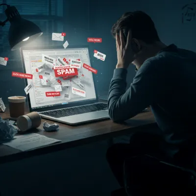 Homem preocupado em frente ao computador lotado de spam