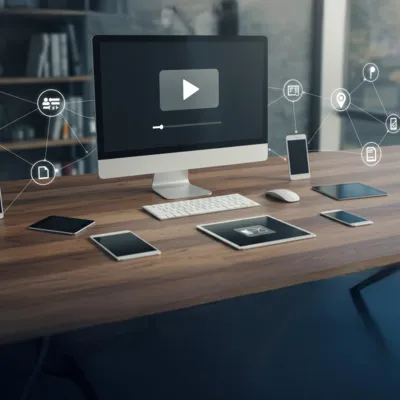 Tela de computador em uma mesa reproduzindo um vídeo, interligada a diversos dispositivos, ilustrando o funcionamento do streaming P2P.