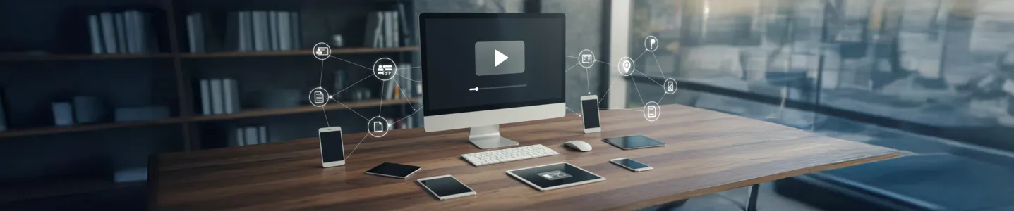 Computador em uma mesa exibindo um vídeo, conectado a vários dispositivos por linhas e ícones, representando o conceito de streaming P2P.