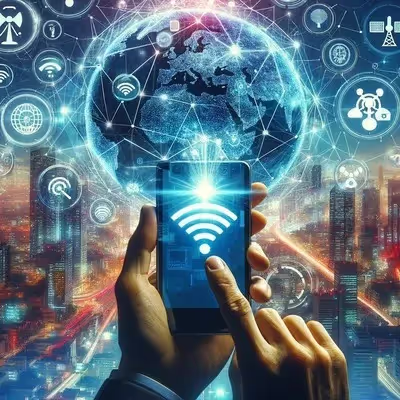 Um celular exibe o ícone de roaming ativado, enquanto ícones de conexão flutuam ao redor do planeta Terra ao fundo, ilustrando a conectividade global e o uso de redes móveis em diferentes partes do mundo.