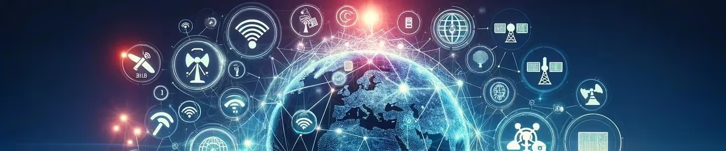 Um celular com o ícone de roaming ativado, enquanto no fundo há ícones de conexão e o planeta Terra, simbolizando a comunicação global através de redes móveis.