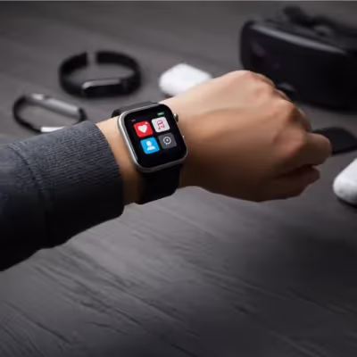 Mão com smartwatch exibindo apps, cercada por wearables como pulseiras inteligentes, fones de ouvido sem fio e óculos VR.