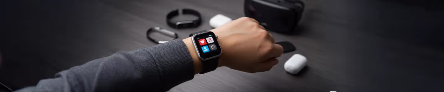 Pessoa usando um smartwatch com ícones de apps, ao lado de pulseiras fitness, fones sem fio e óculos de realidade virtual.