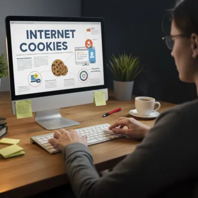Mulher lê sobre cookies da internet em uma tela de computador, com foco nas explicações.