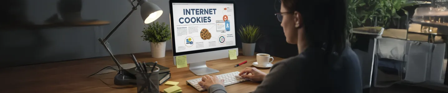 Mulher olhando para a tela do computador, visualizando informações sobre cookies da internet.