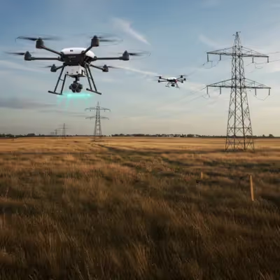 Dois drones voam próximos a torres de alta tensão em uma paisagem rural.